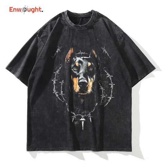 Doberman T-shirts Oversized Vintage Washed Hip Hop High Street T Shirt Retro Cute Dog DTG Printing Short Sleeve Tops Tees Cotton